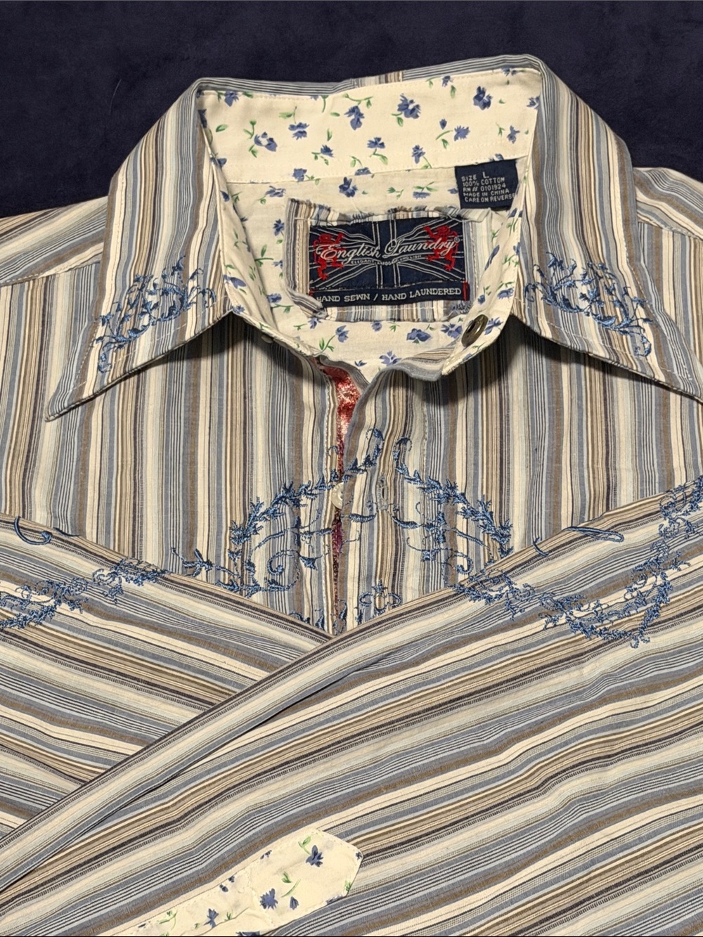 English Laundry Striped Button-Down Shirt with Blue Embroidery